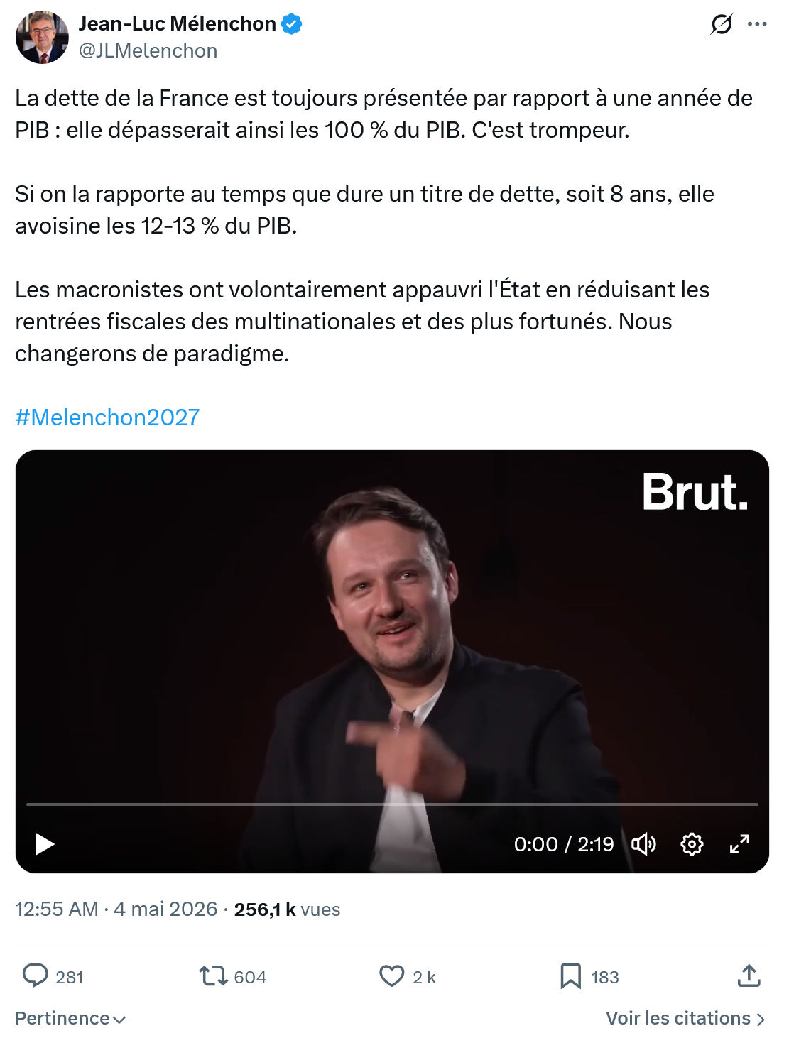 Jean-Luc Mélenchon: La dette de la France est toujours présentée…