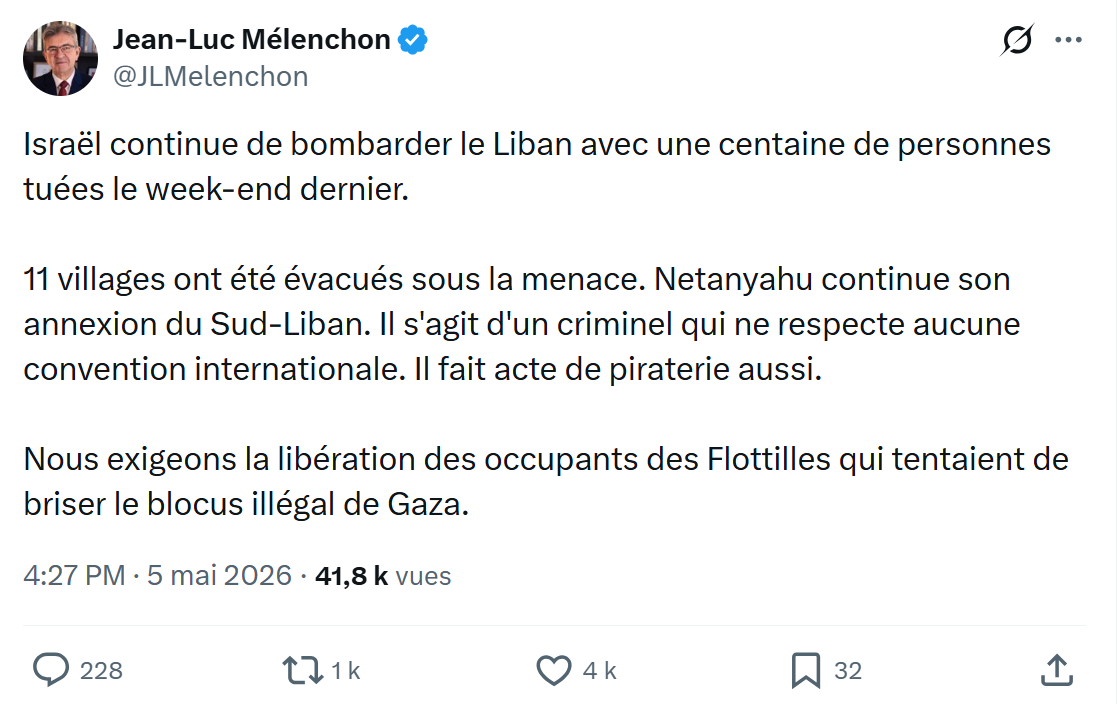 Jean-Luc Mélenchon: Israël continue de bombarder le Liban…