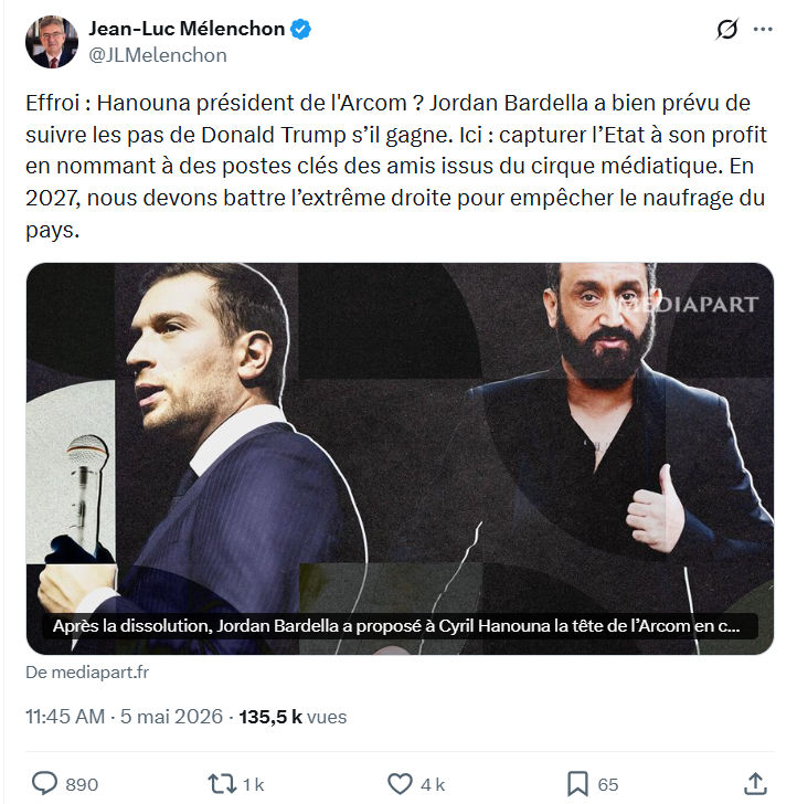 Jean-Luc Mélenchon: Effroi : Hanouna président de l'Arcom ?…