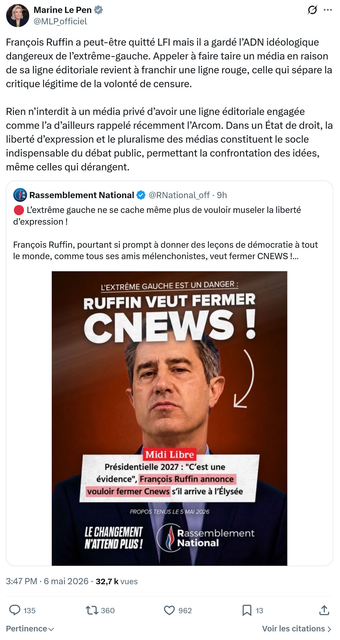 Marine Le Pen: François Ruffin a peut-être quitté...