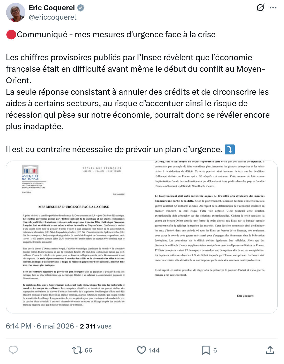 Eric Coquerel: Communiqué - mes mesures d'urgence…