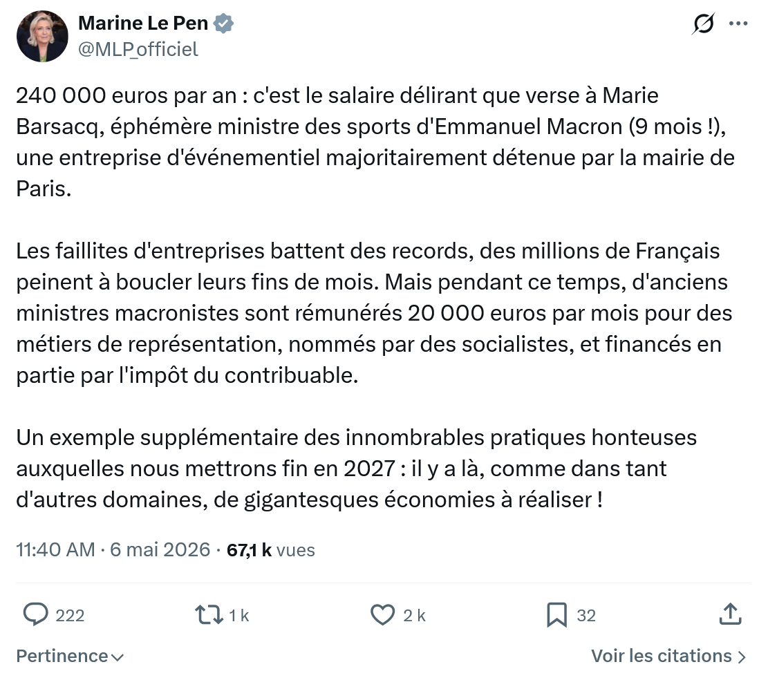 Marine Le Pen: 240 000 euros par an...