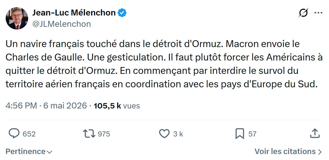 Jean-Luc Mélenchon: Un navire français touché dans…