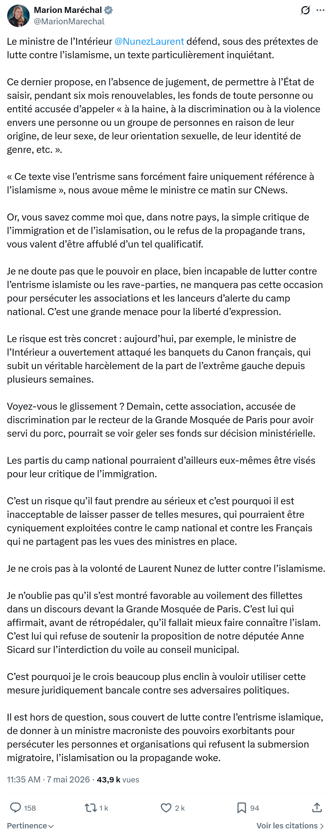 Marion Maréchal- Le Pen: Le ministre de l’Intérieur @NunezLaurent  défend...