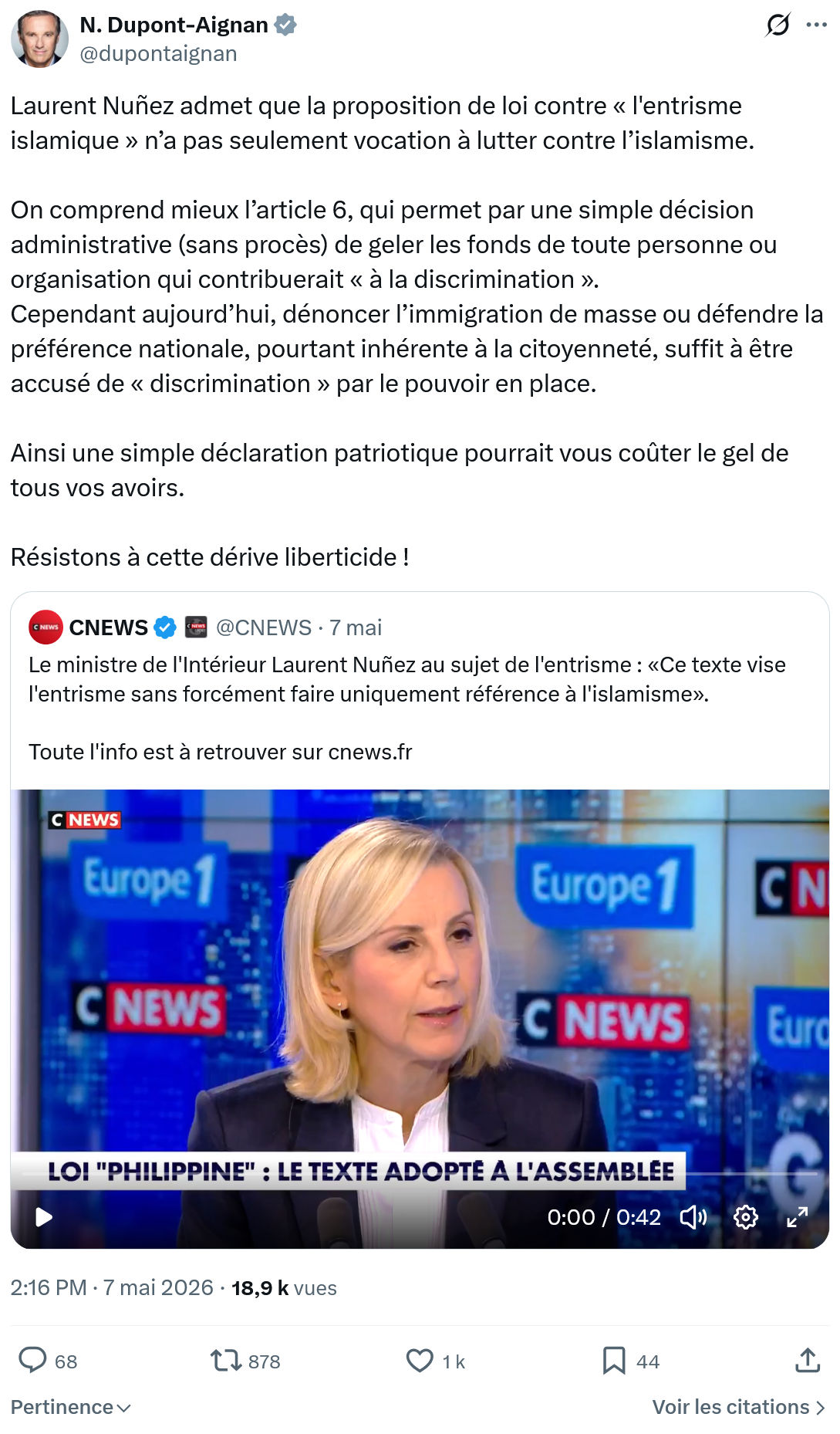 Nicolas Dupont-Aignan: Laurent Nuñez admet que la...
