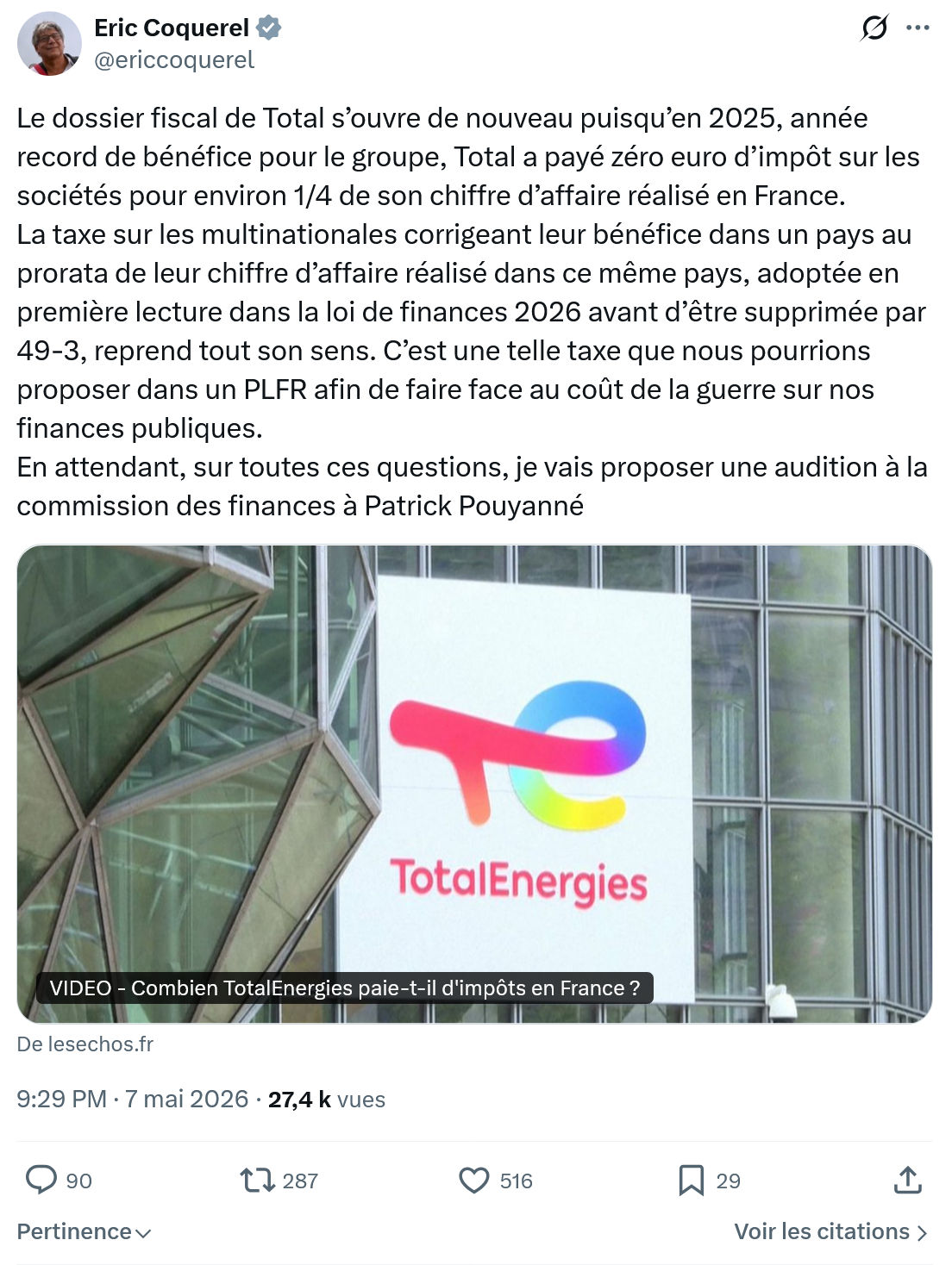 Eric Coquerel: Le dossier fiscal de Total s’ouvre..
