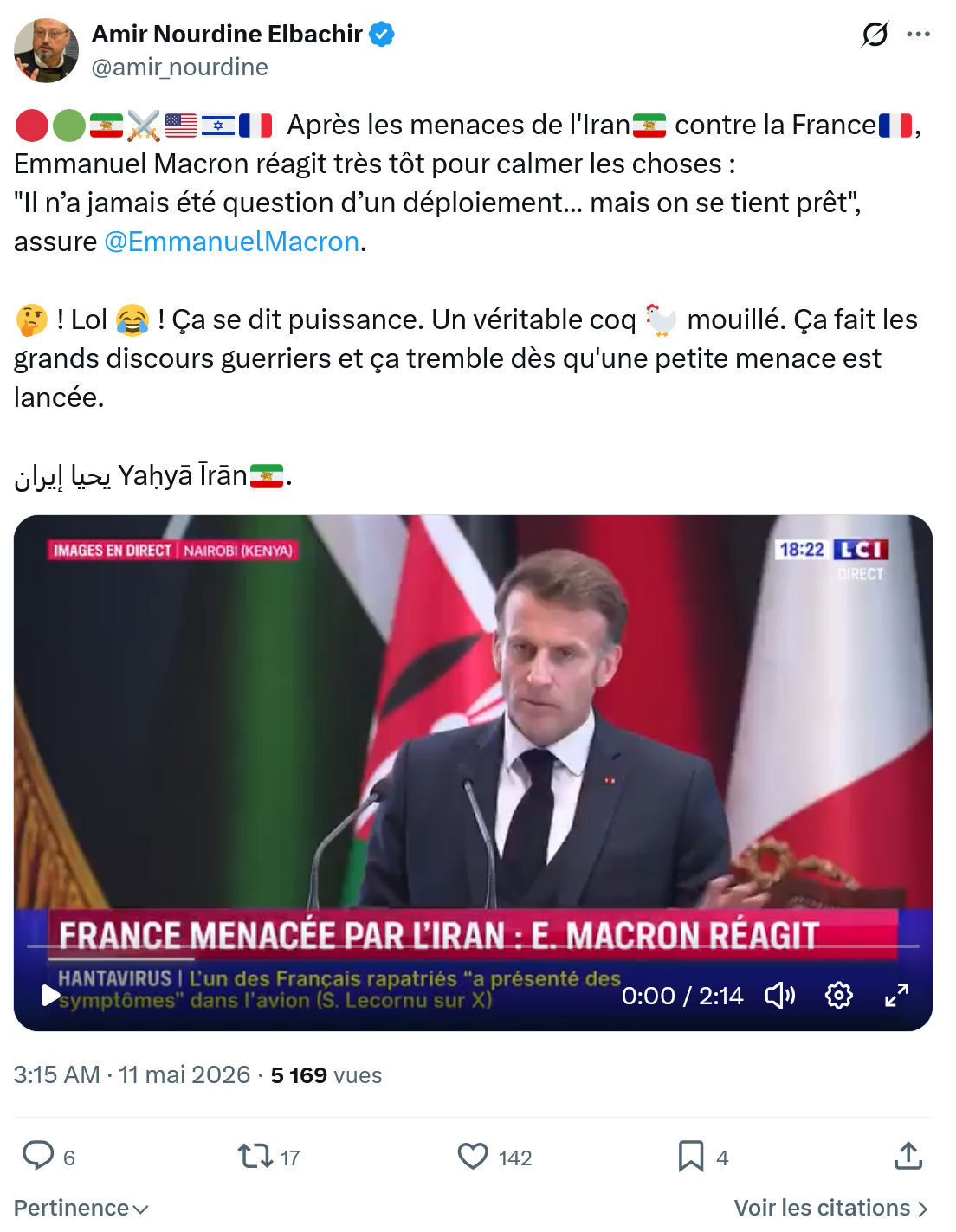 Amir Nourdine Elbachir: Après les menaces de l'Iran…