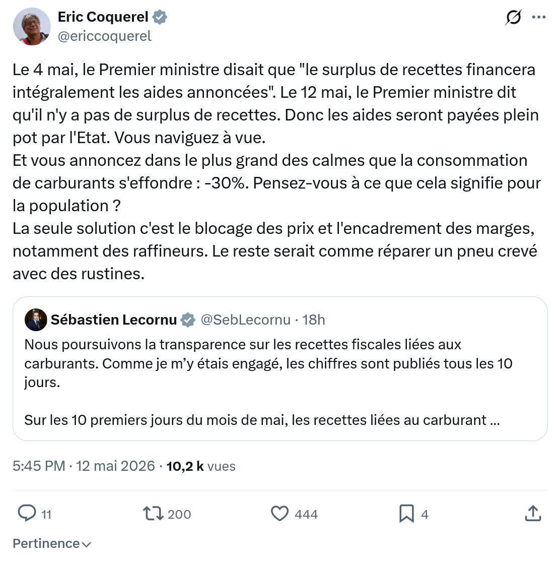 Eric Coquerel: Le 4 mai, le Premier ministre disait que…