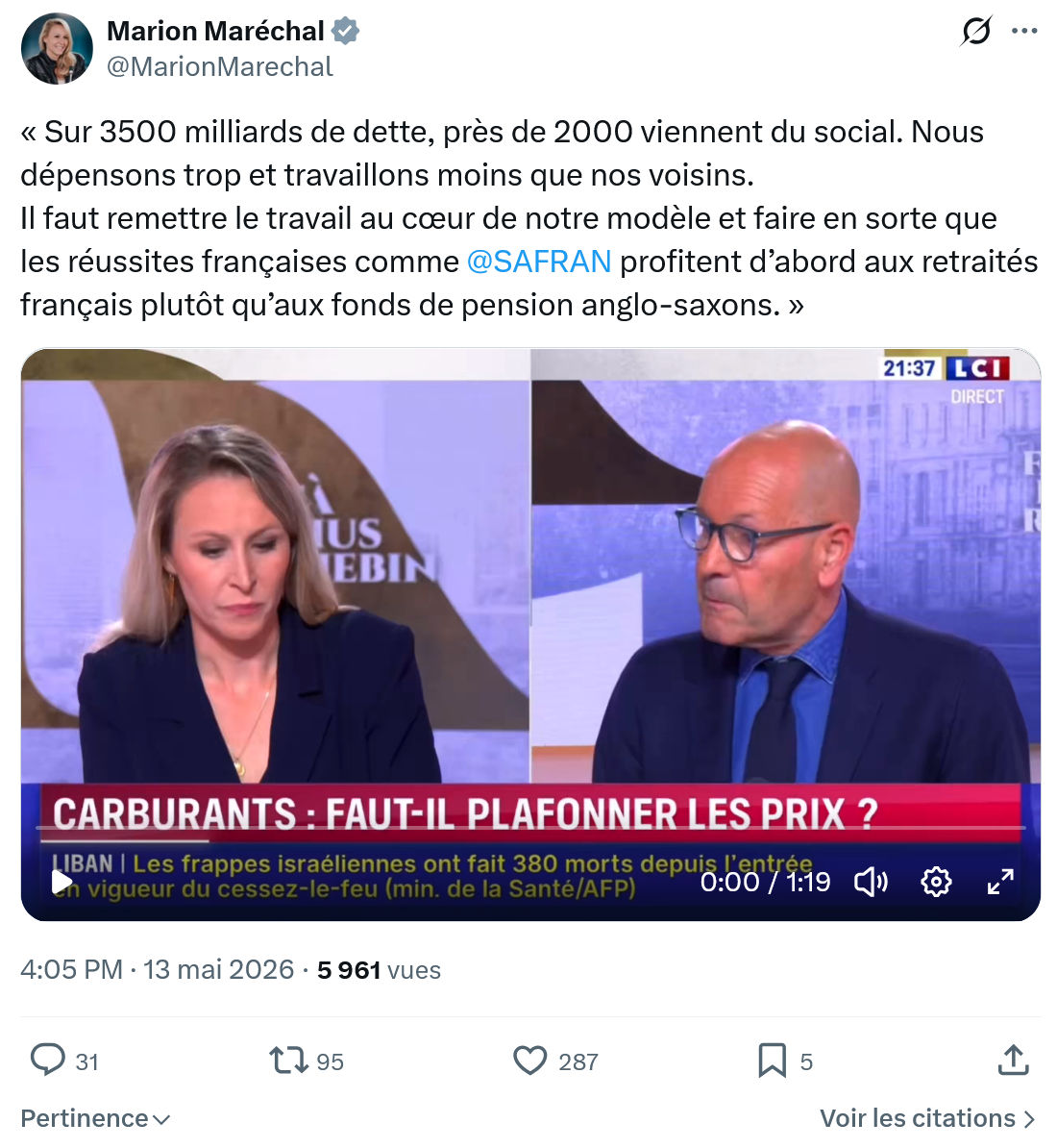 Marion Maréchal- Le Pen: Sur 3500 milliards de dette…