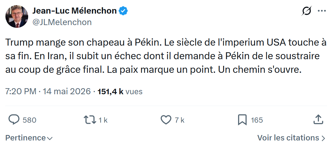 Jean-Luc Mélenchon: Trump mange son chapeau à Pékin…