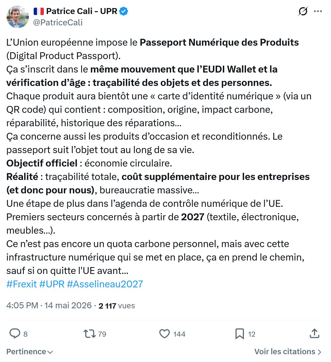Patrice Cali: L’Union européenne impose le Passeport Numérique…