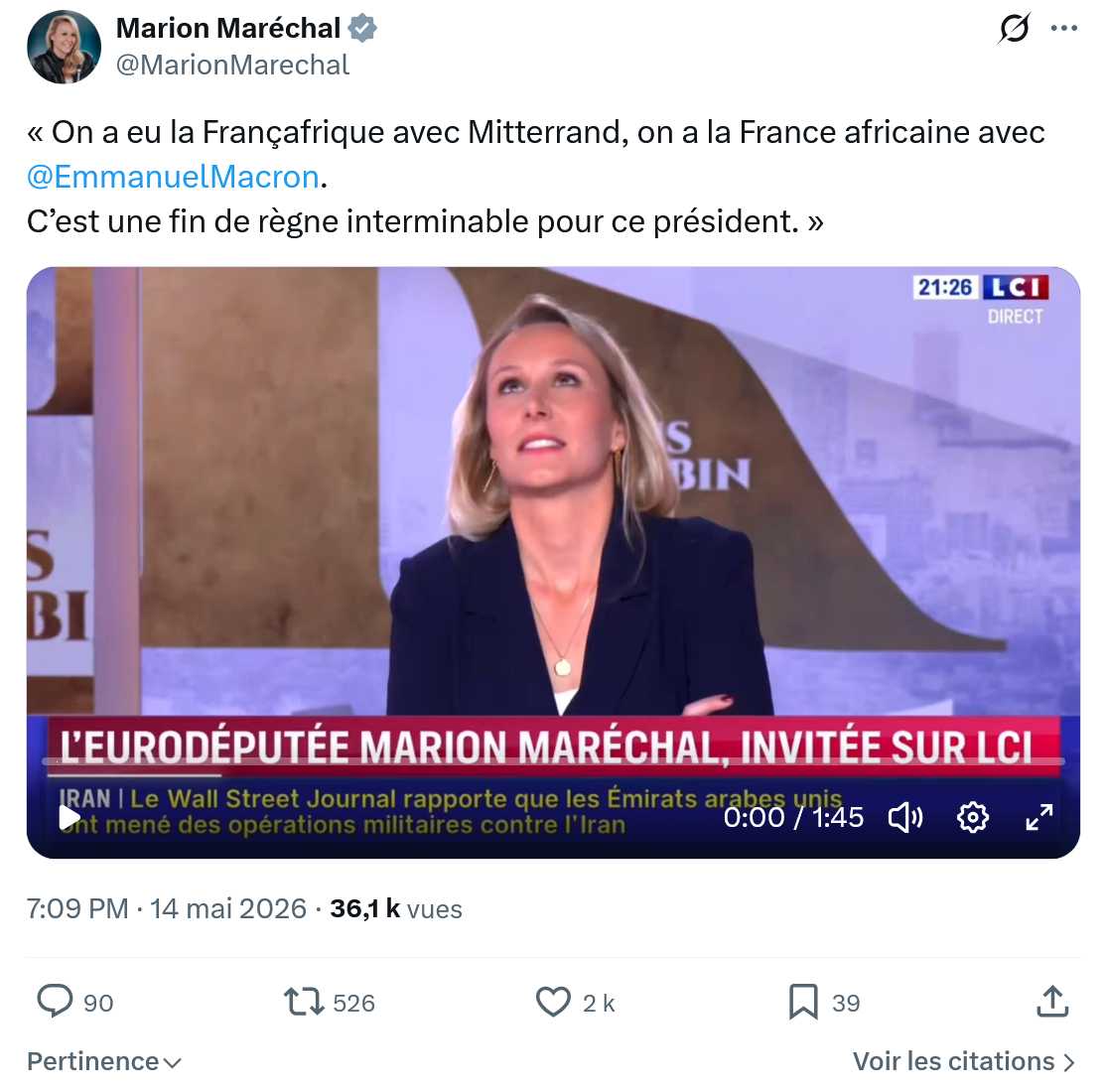 Marion Maréchal- Le Pen: On a eu la Françafrique avec Mitterrand…