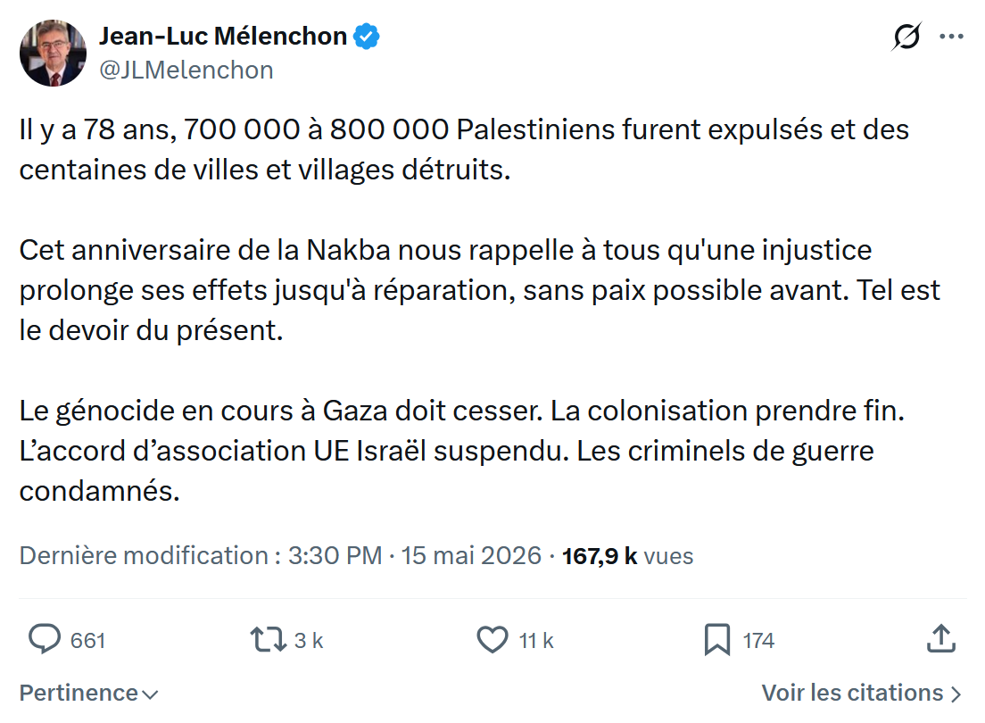 Jean-Luc Mélenchon: Il y a 78 ans, 700 000 à 800 000 Palestiniens…