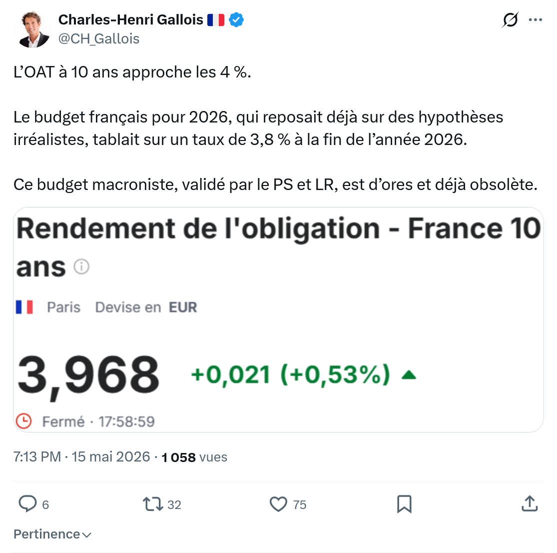 Charles-Henri Gallois: L’OAT à 10 ans approche les 4 %…
