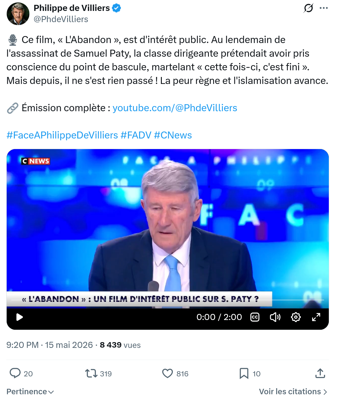Philippe de Villiers: Ce film, « L'Abandon »…
