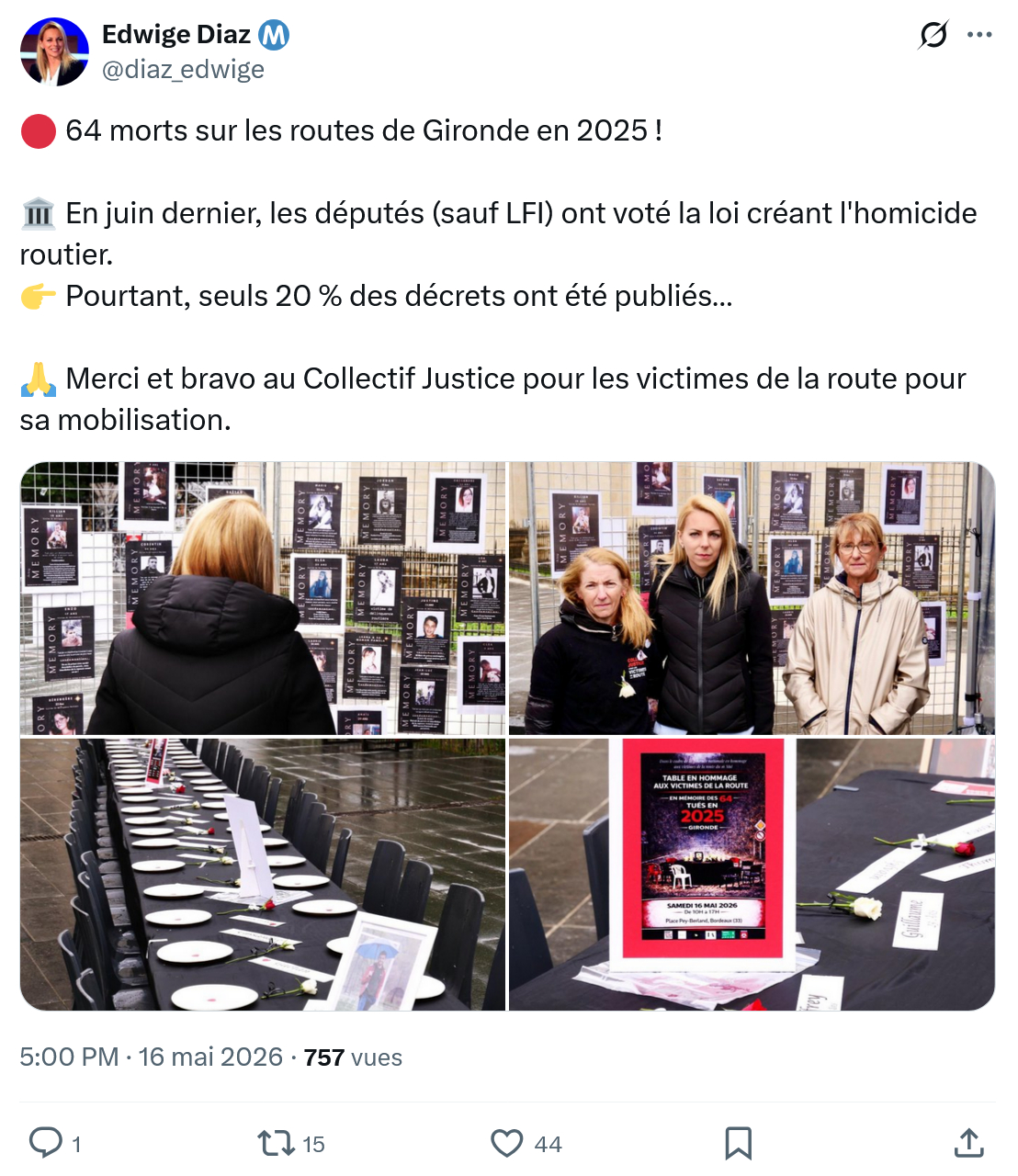 Edwige Diaz: 64 morts sur les routes de Gironde…
