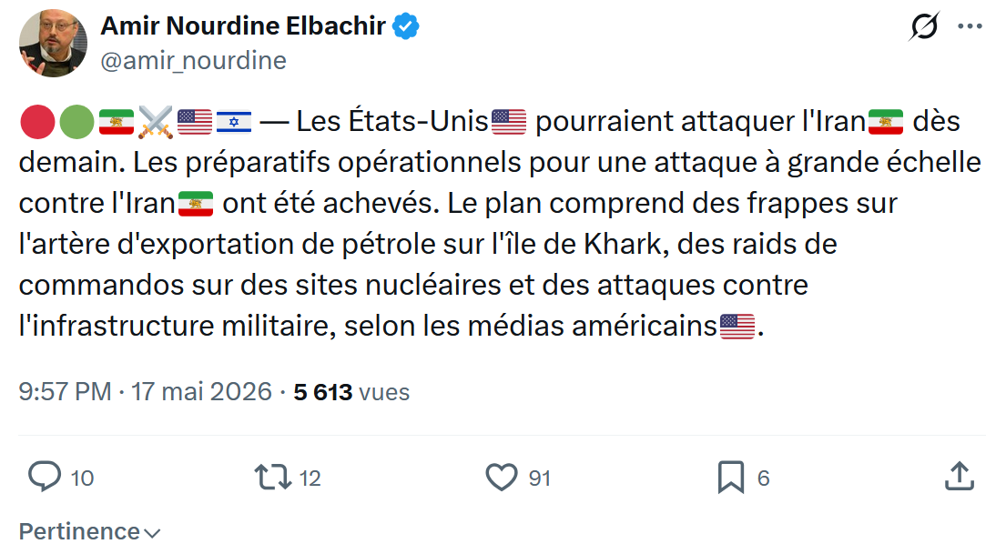 Amir Nourdine Elbachir: Les États-Unis🇺🇸 pourraient attaquer l'Iran…