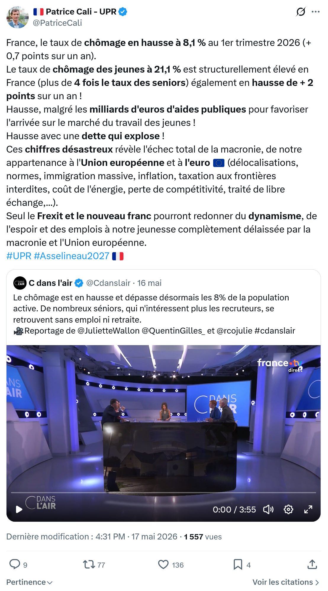 Patrice Cali: France, le taux de chômage en hausse à 8,1 %…