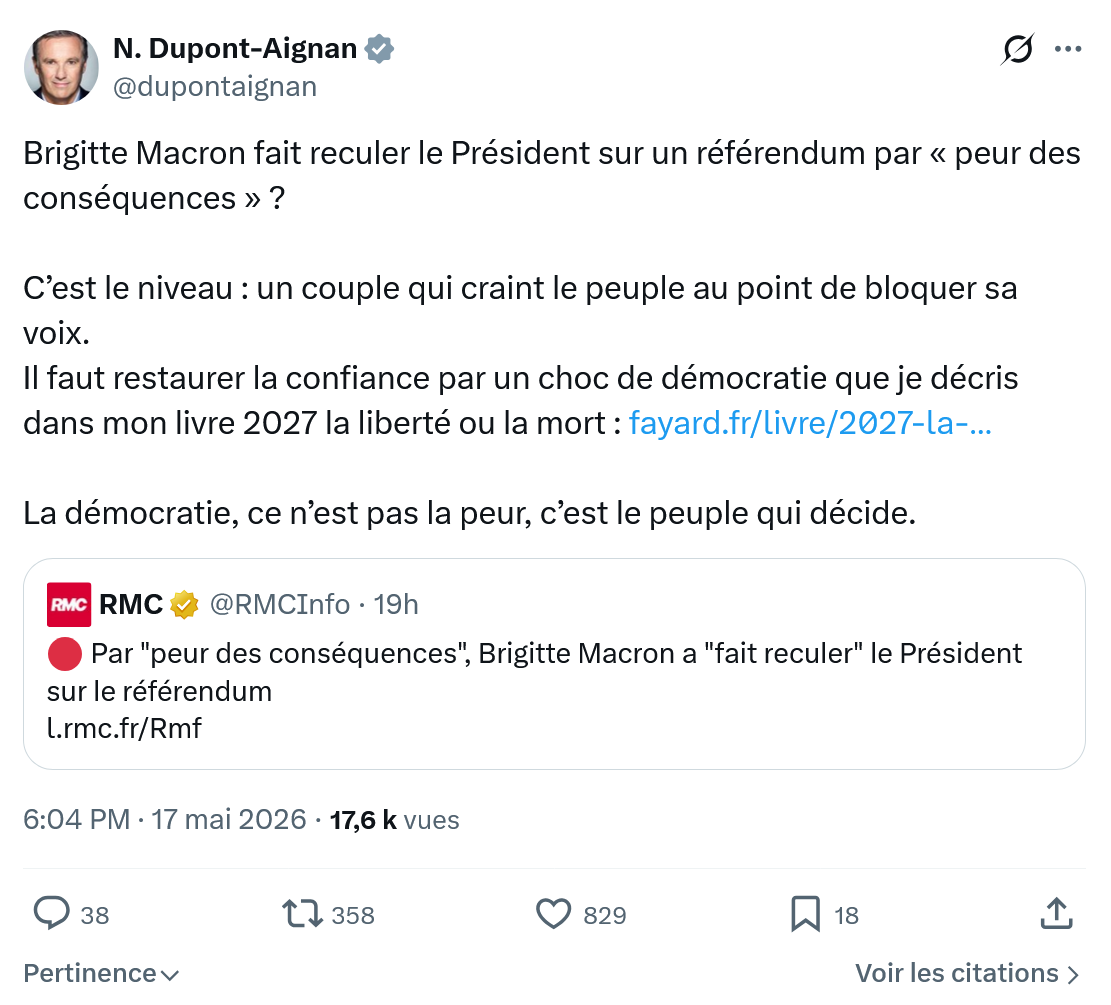 Nicolas Dupont-Aignan: Brigitte Macron fait reculer le Président…