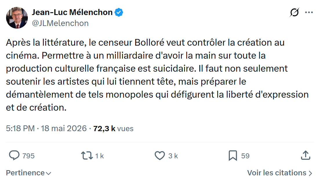 Jean-Luc Mélenchon: Après la littérature, le censeur Bolloré...