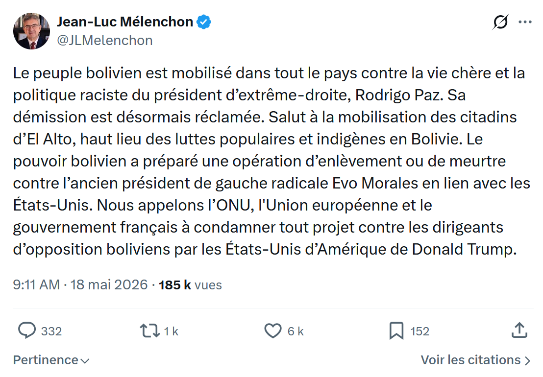 Jean-Luc Mélenchon: Le peuple bolivien est mobilisé...