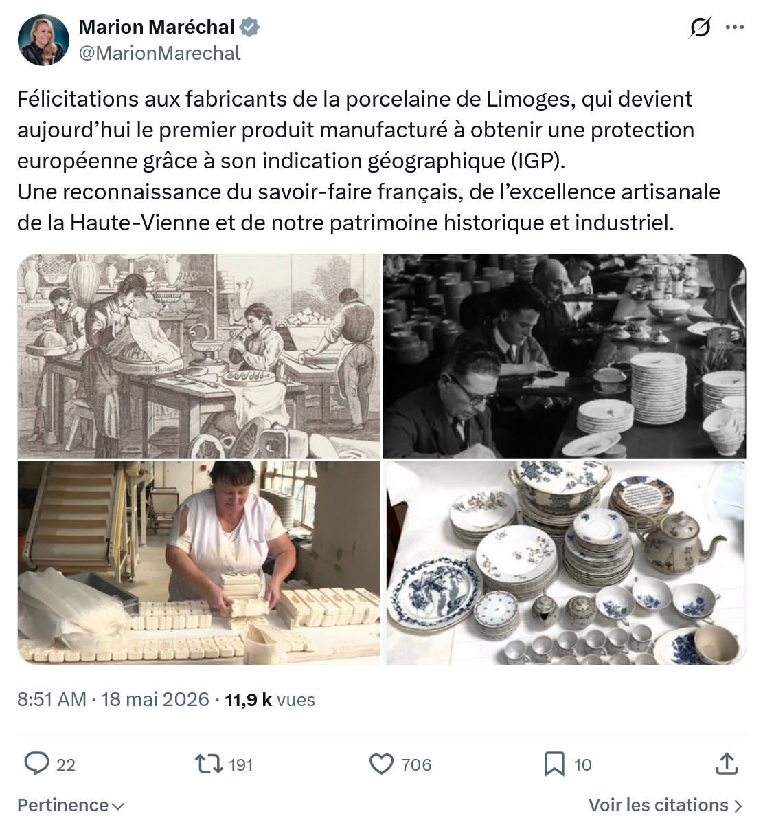 Marion Maréchal- Le Pen: Félicitations aux fabricants de la porcelaine…