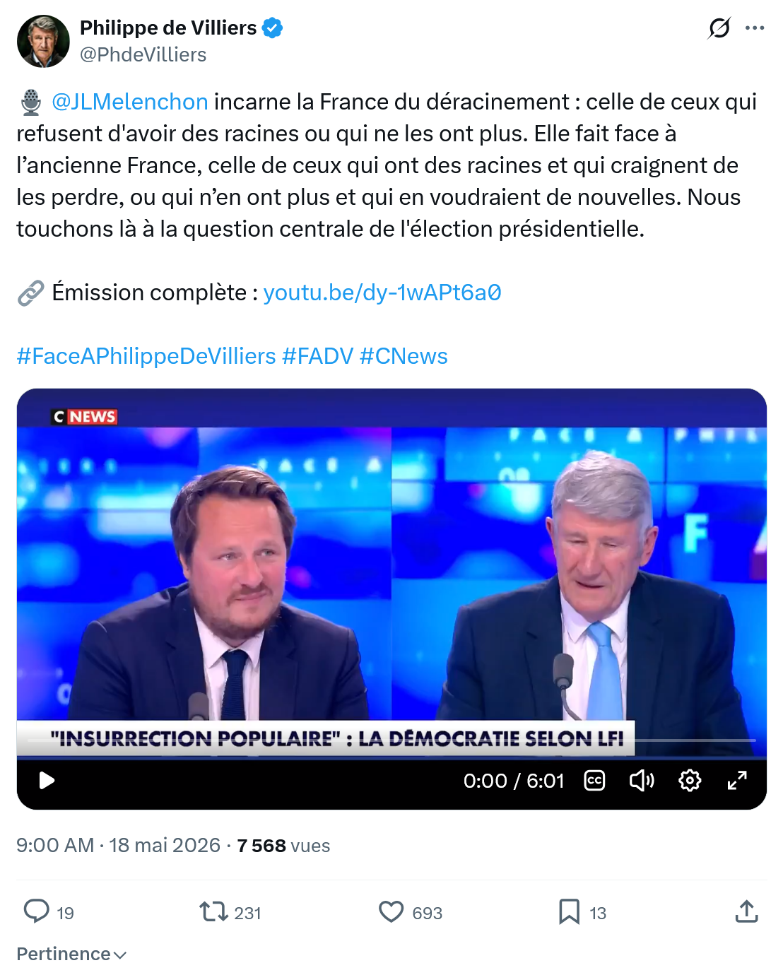 Philippe de Villiers: @JLMelenchon  incarne la France…