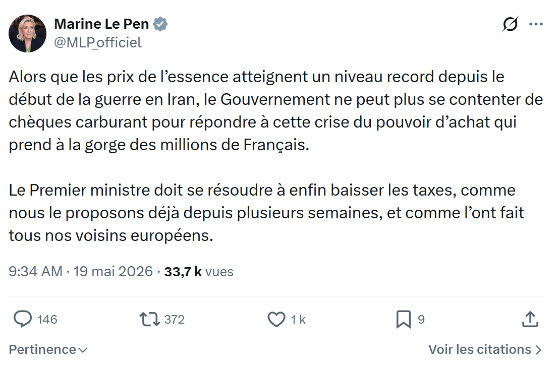 Marine Le Pen: Alors que les prix de l’essence atteignent…