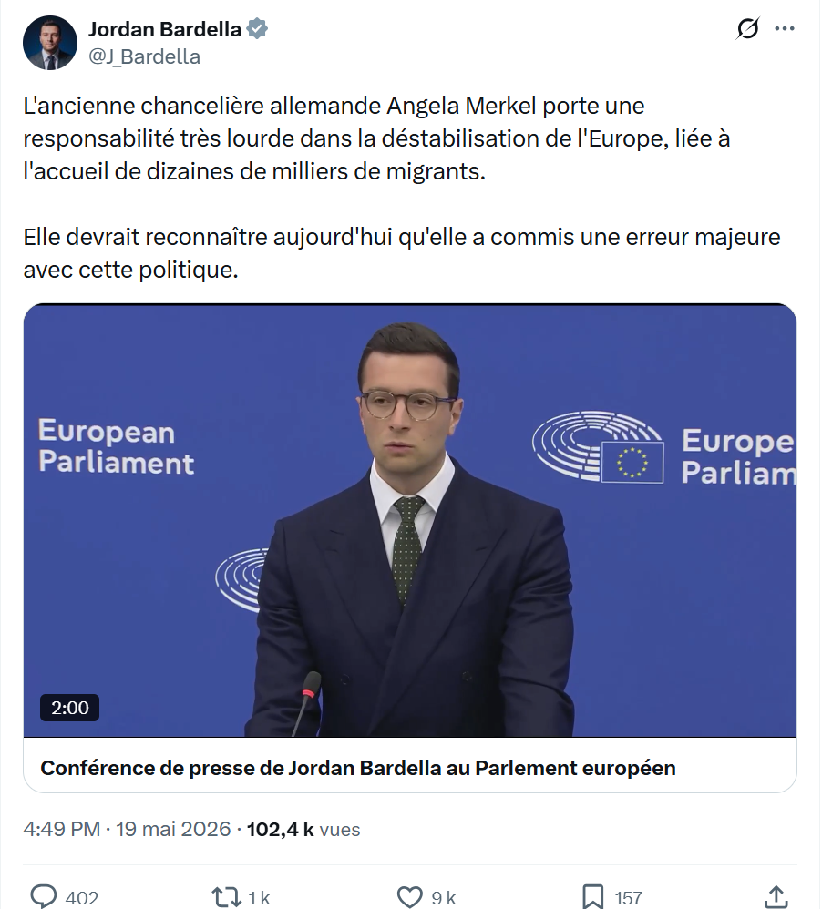 Jordan Bardella: L'ancienne chancelière allemande Angela Merkel…