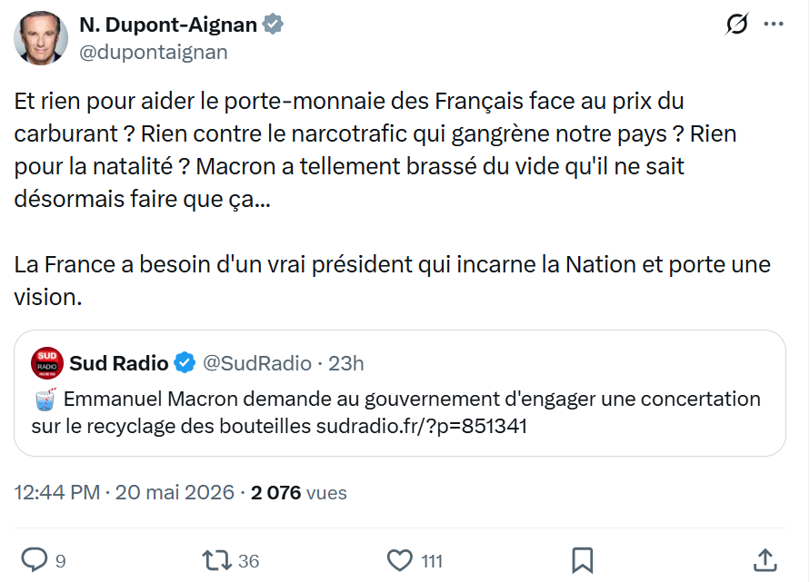 Nicolas Dupont-Aignan: Et rien pour aider le porte-monnaie…