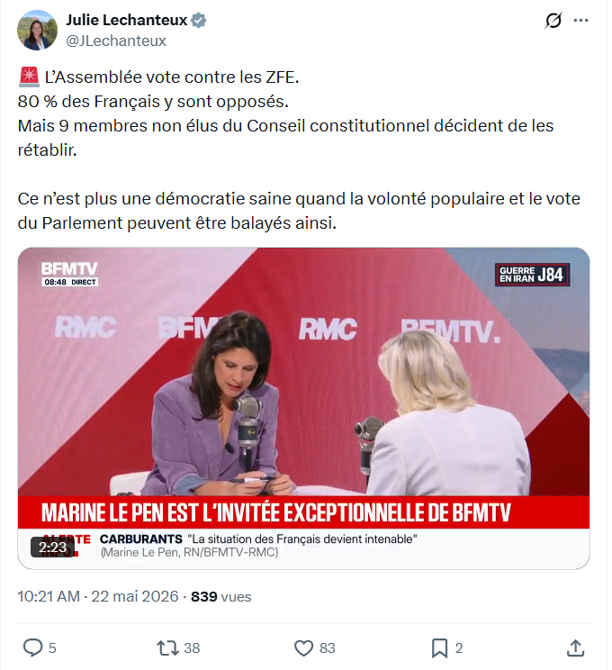 Julie Lechanteux: L’Assemblée vote contre les ZFE...