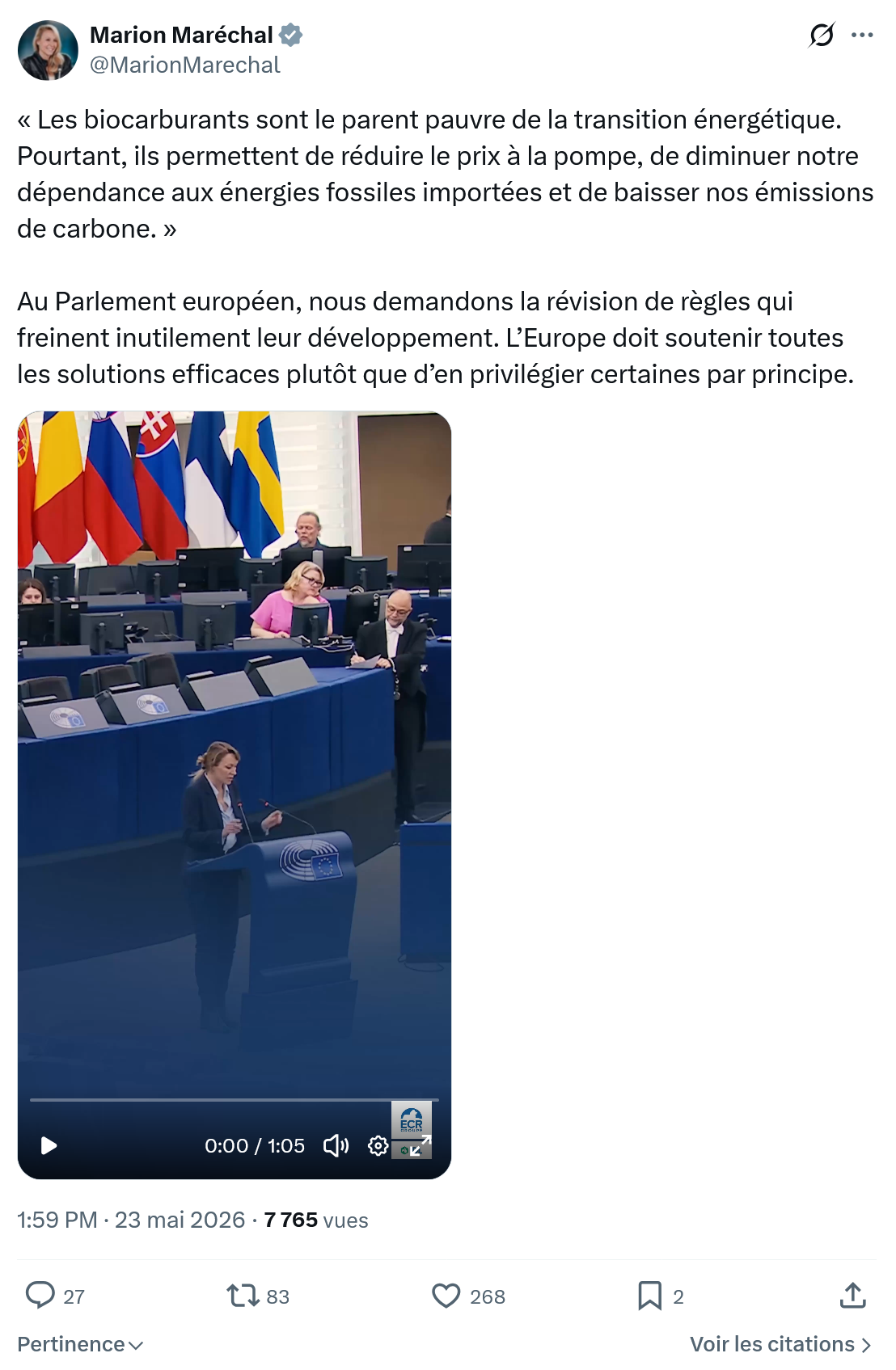 Marion Maréchal- Le Pen: Les biocarburants sont le parent…