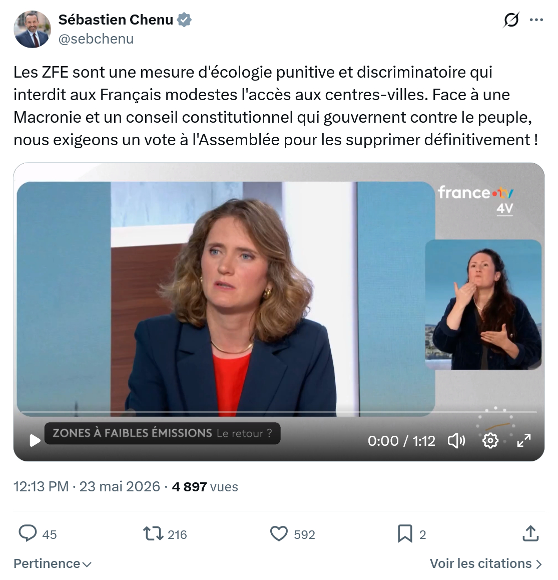 Sébastien Chenu: Les ZFE sont une mesure d'écologie…