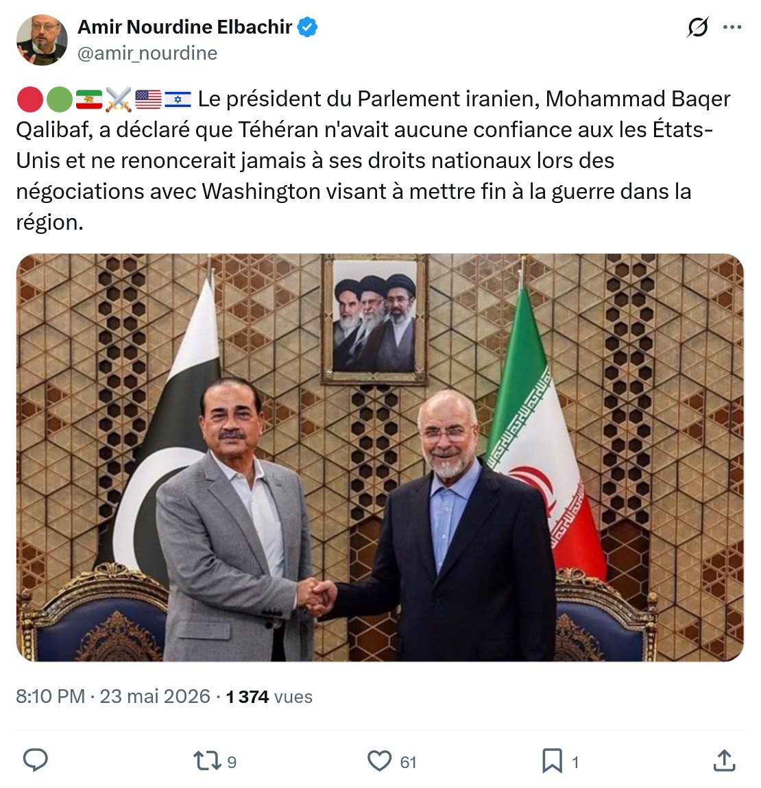 Amir Nourdine Elbachir: Le président du Parlement iranien…