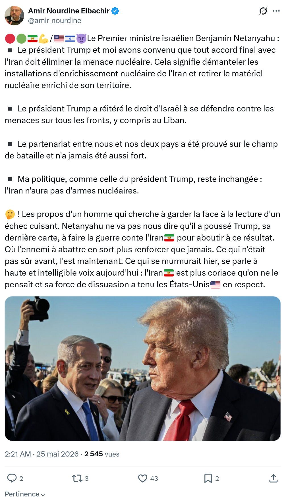 Amir Nourdine Elbachir: Le Premier ministre israélien Benjamin Netanyahu…