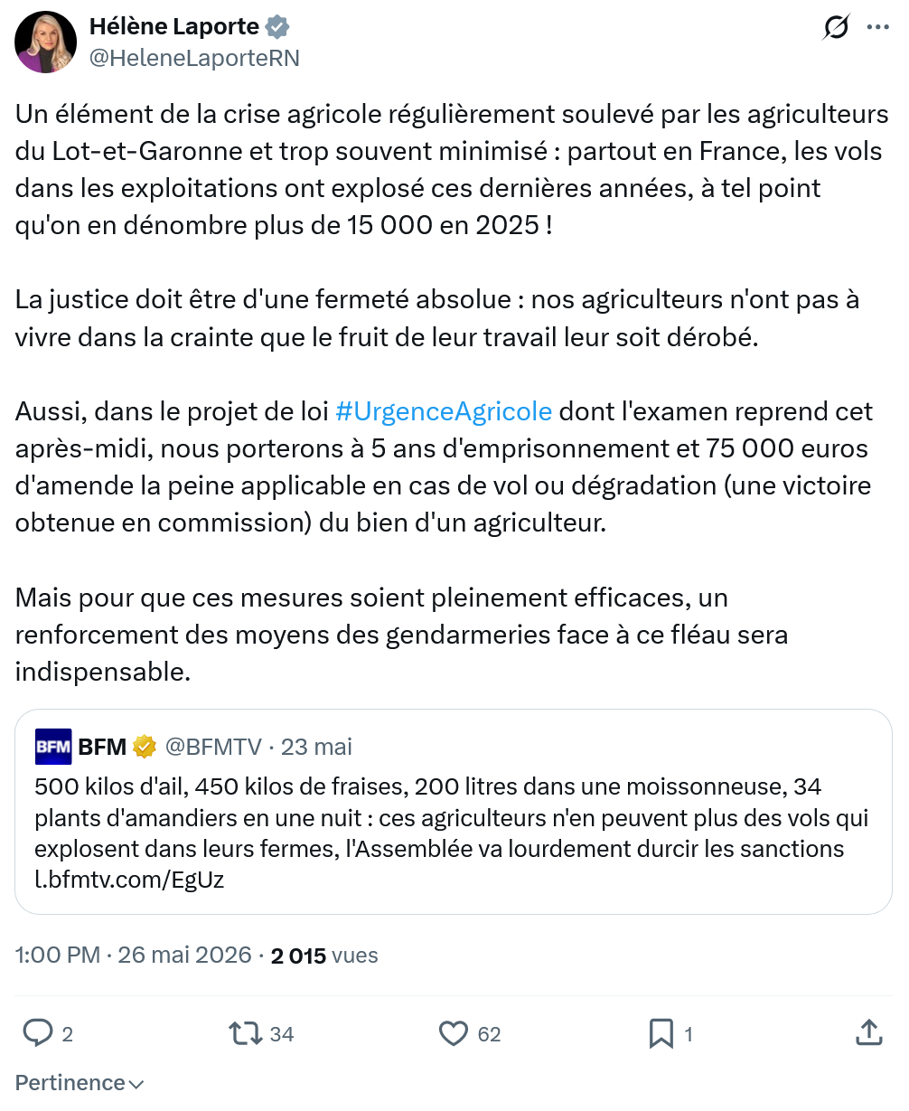 Hélène Laporte: Un élément de la crise agricole régulièrement…
