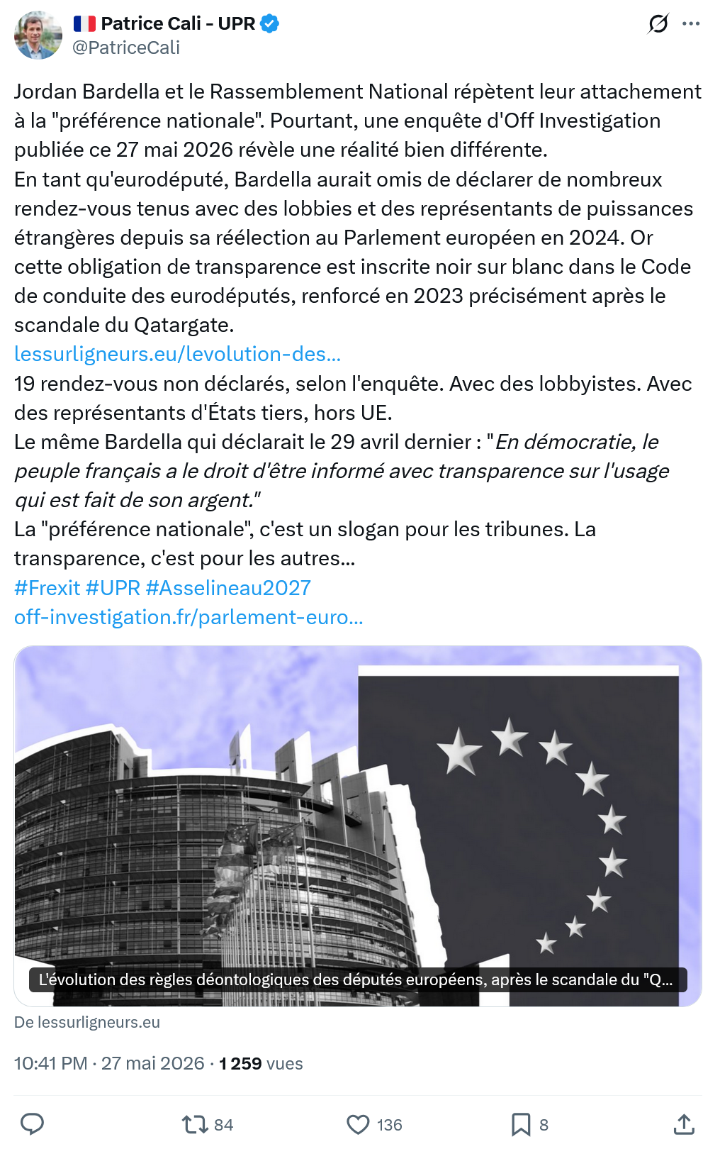 Patrice Cali: Jordan Bardella et le Rassemblement National répètent…