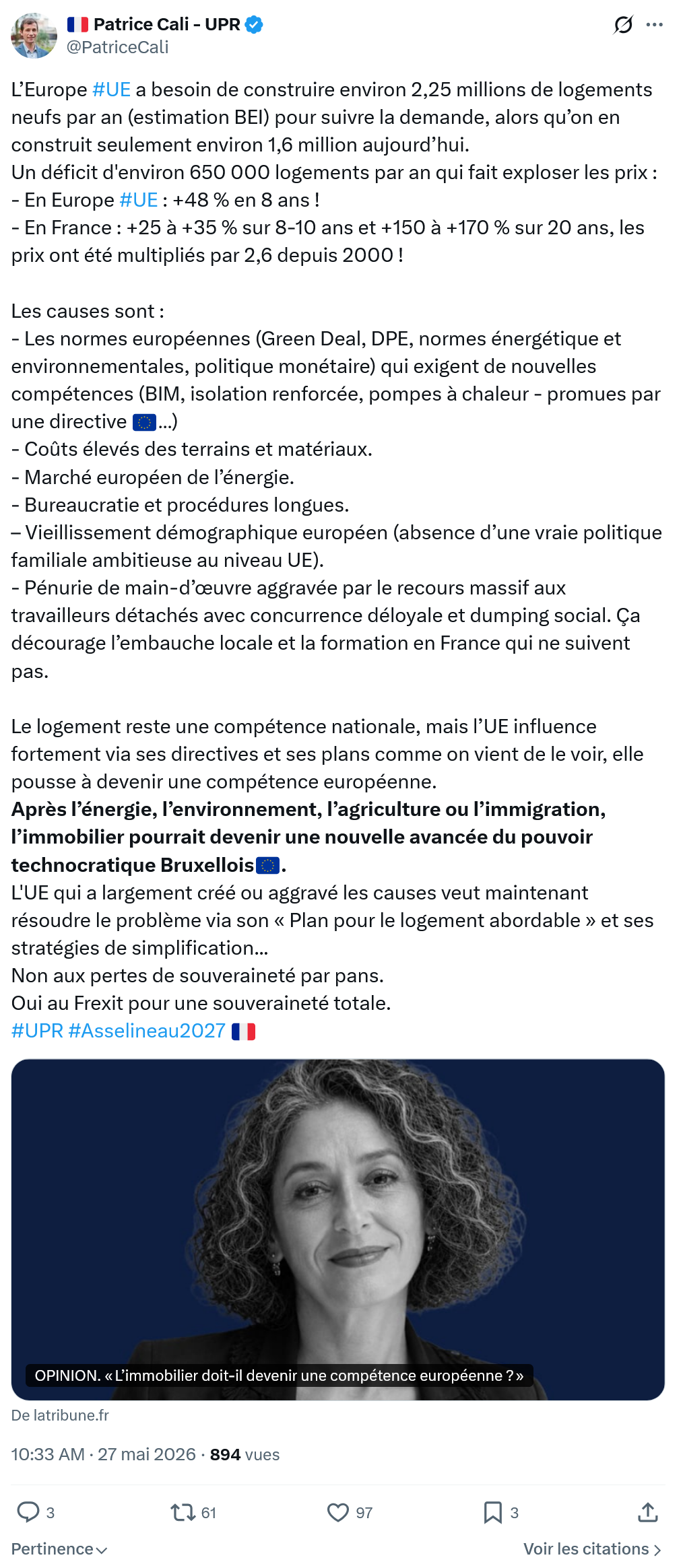 Patrice Cali: L’Europe #UE a besoin de construire environ 2,25 millions…