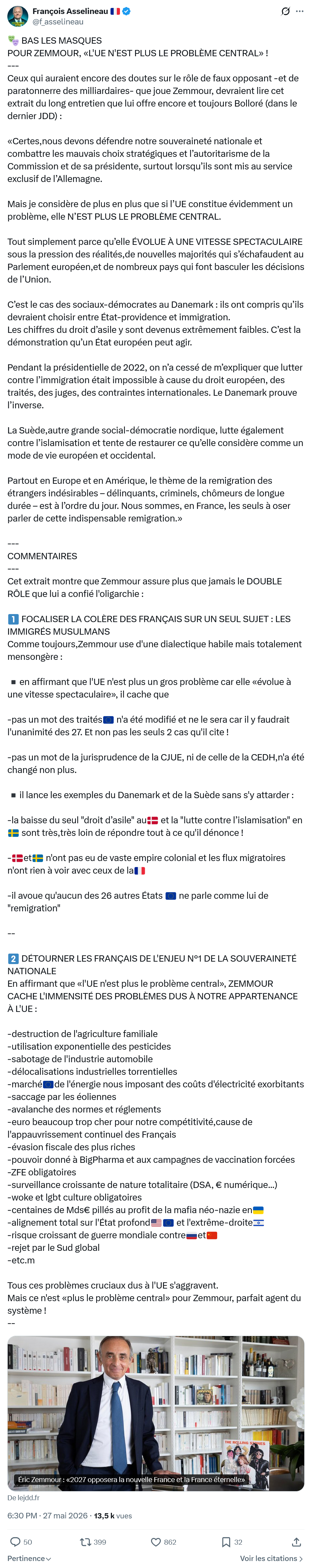 Francois Asselineau: BAS LES MASQUES POUR ZEMMOUR…