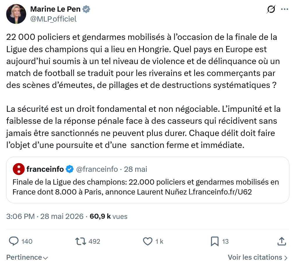 Marine Le Pen: 22 000 policiers et gendarmes mobilisés...