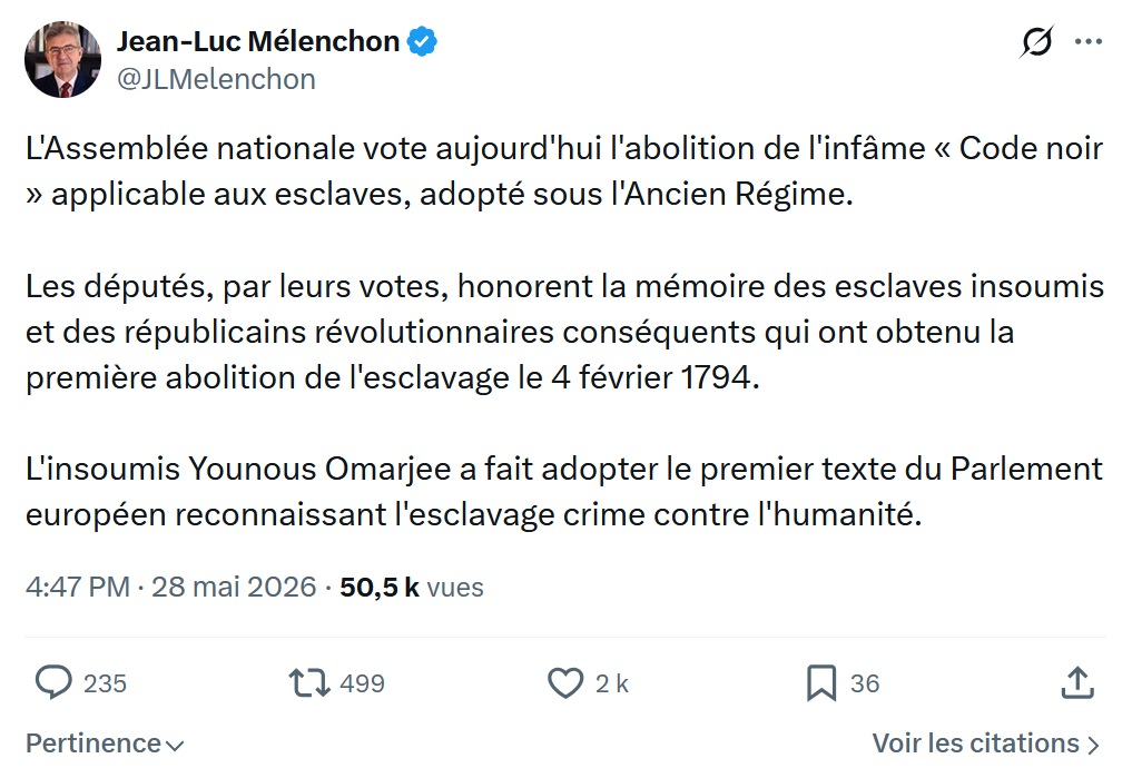 Jean-Luc Mélenchon: L'Assemblée nationale vote aujourd'hui l'abolition...