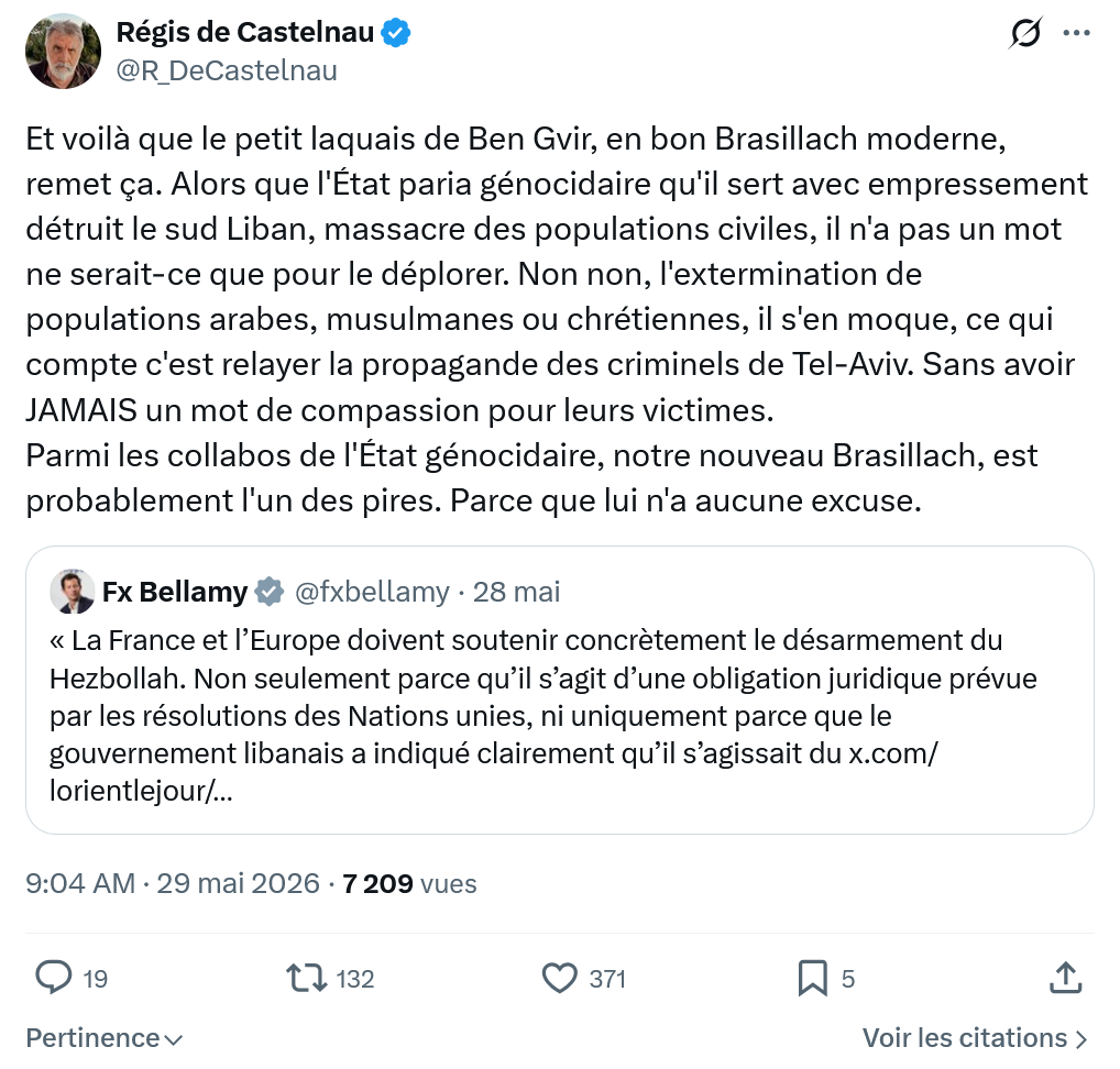 Régis de Castelnau: Et voilà que le petit laquais de Ben Gvir…