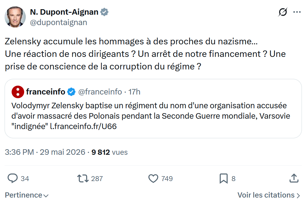 Nicolas Dupont-Aignan: Zelensky accumule les hommages…