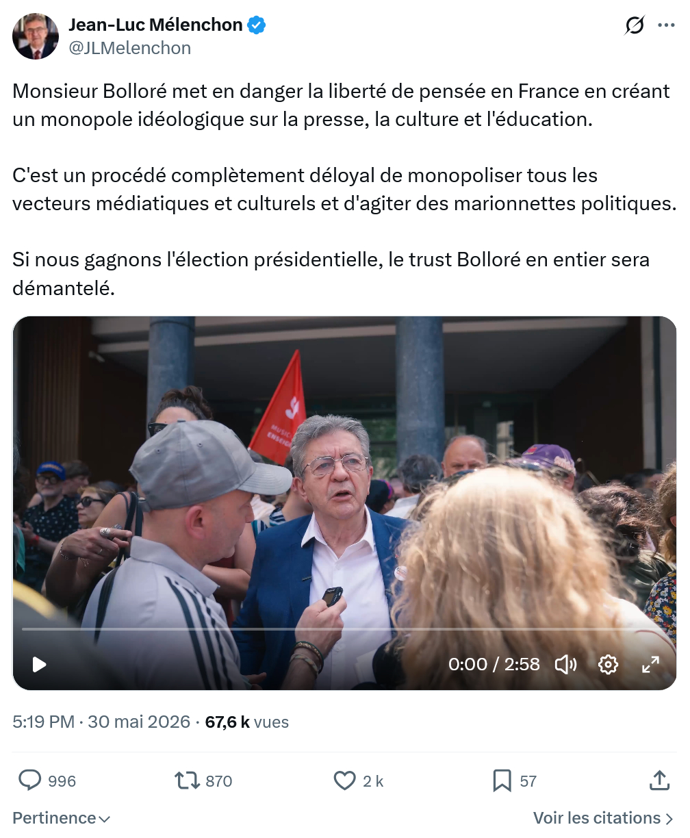 Jean-Luc Mélenchon: Monsieur Bolloré met en danger…
