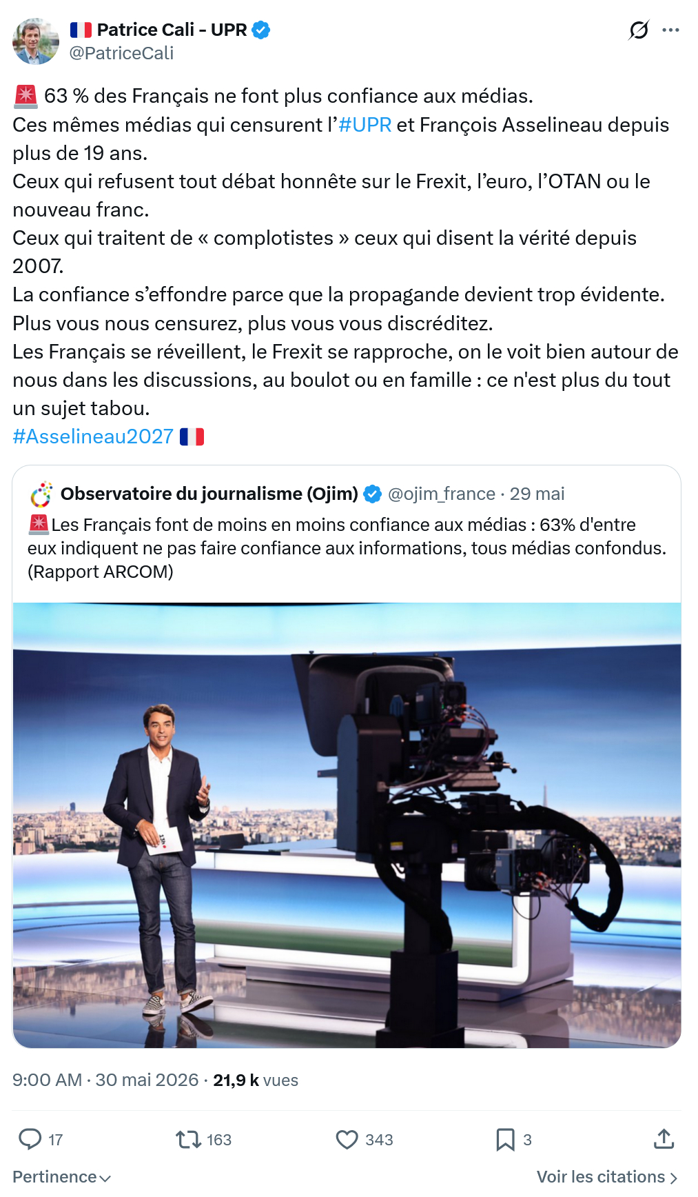 Patrice Cali: 63 % des Français ne font plus…