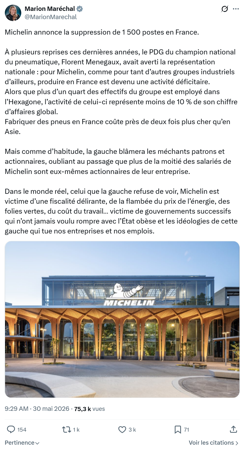 Marion Maréchal- Le Pen: Michelin annonce la suppression…