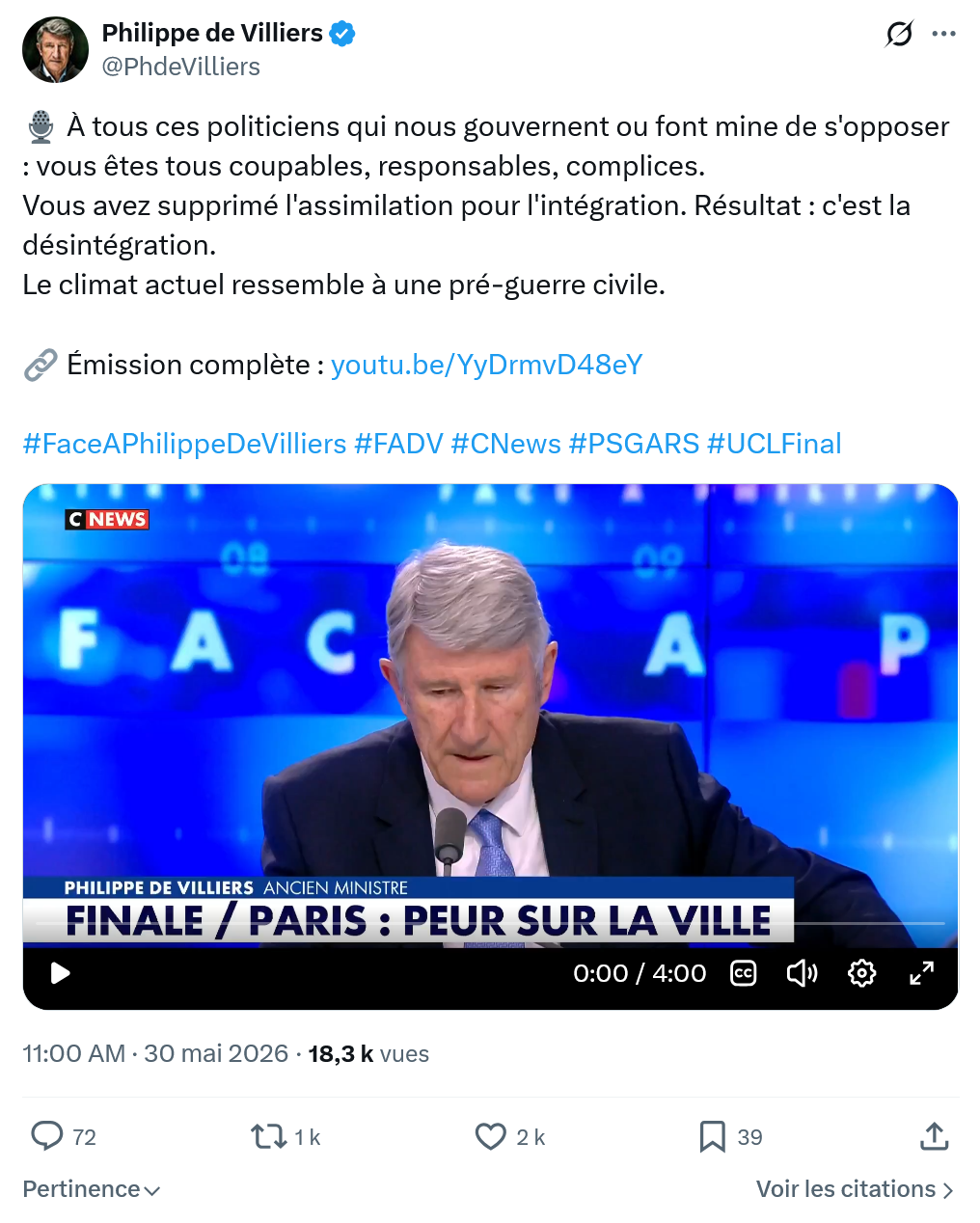 Philippe de Villiers: À tous ces politiciens qui nous gouvernent…