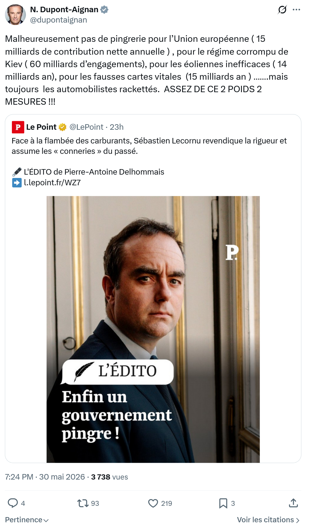 Nicolas Dupont-Aignan: Malheureusement pas de pingrerie…