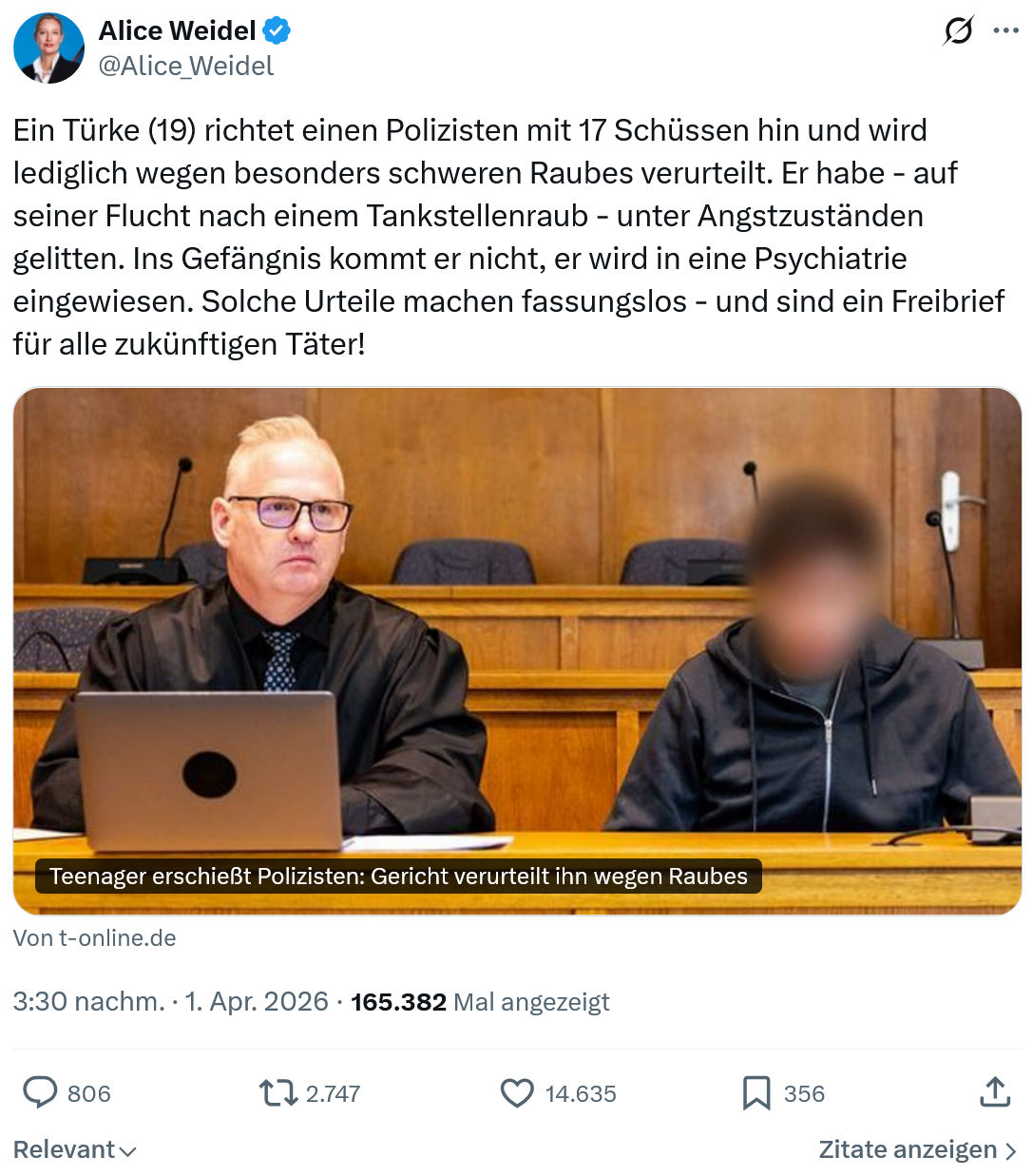 Alice Weidel: Ein Türke (19) richtet einen Polizisten…