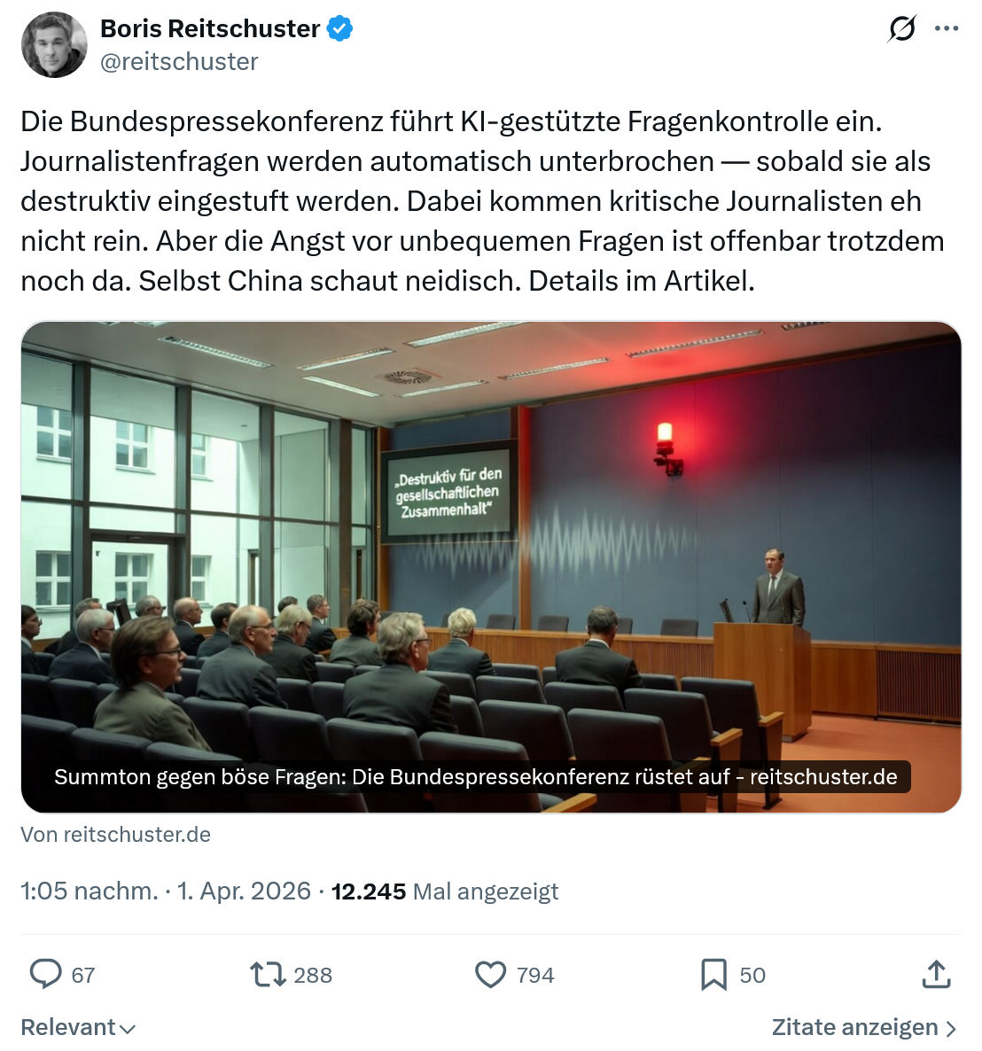 Boris Reitschuster: Die Bundespressekonferenz führt KI-gestützte Fragenkontrolle ein…